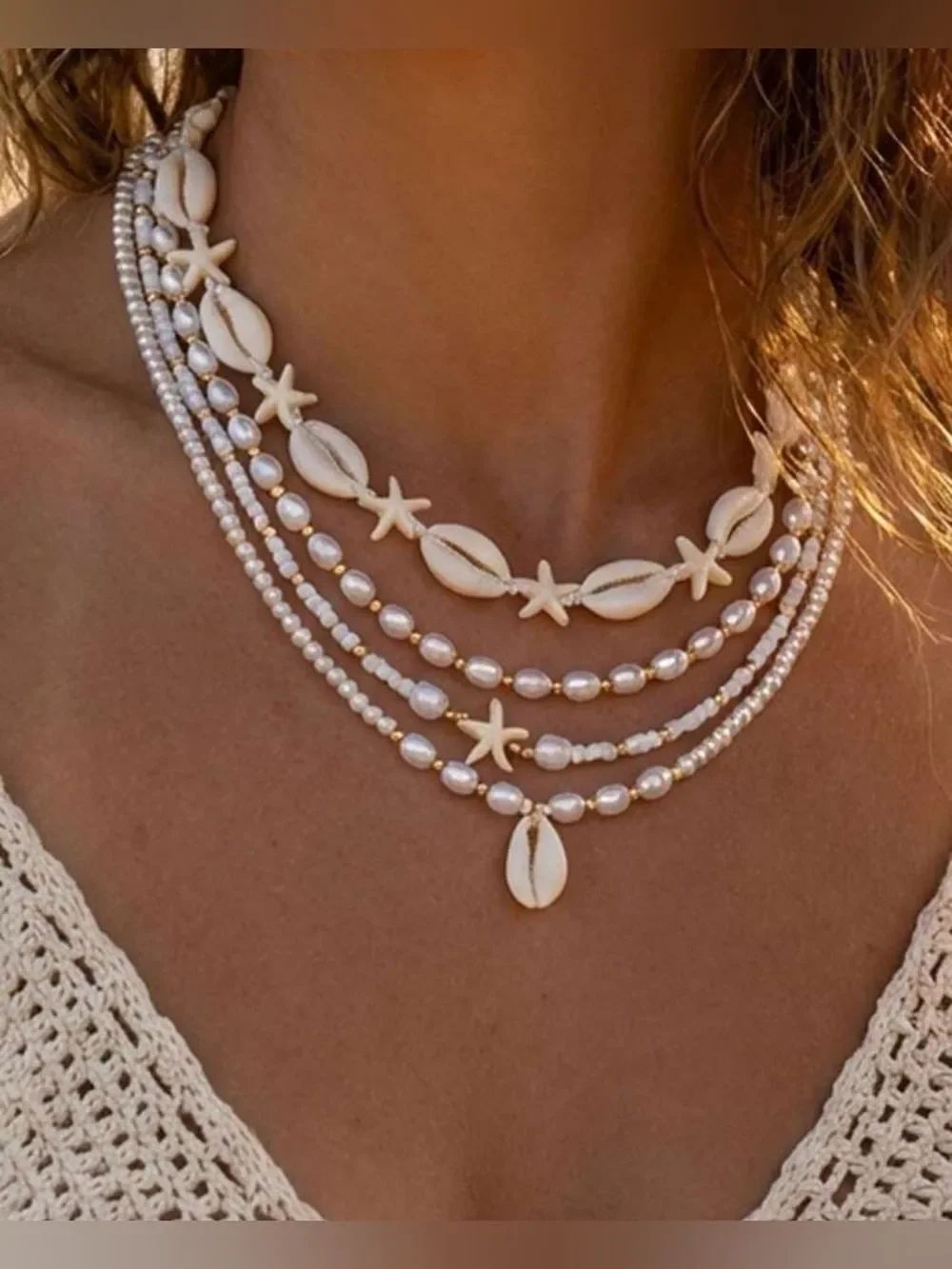 Layered White Shell & Pearl Necklace Set A1706